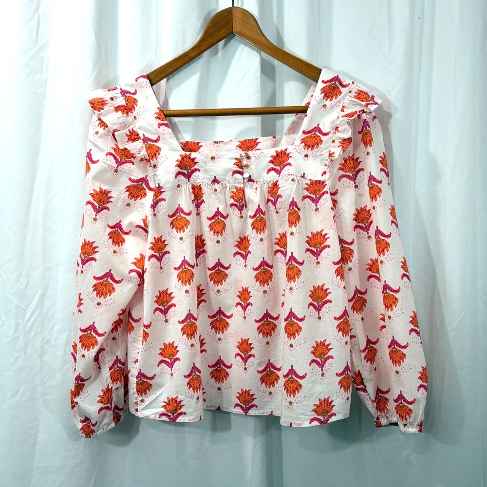 J. Crew 100% Cotton Square Neck Ruffle Peasant‎ Blouse Size M-Floral Boho